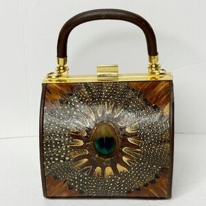 Vintage COMECO Peacock Feather Box Purse Brown Gold Rare Mod Bag